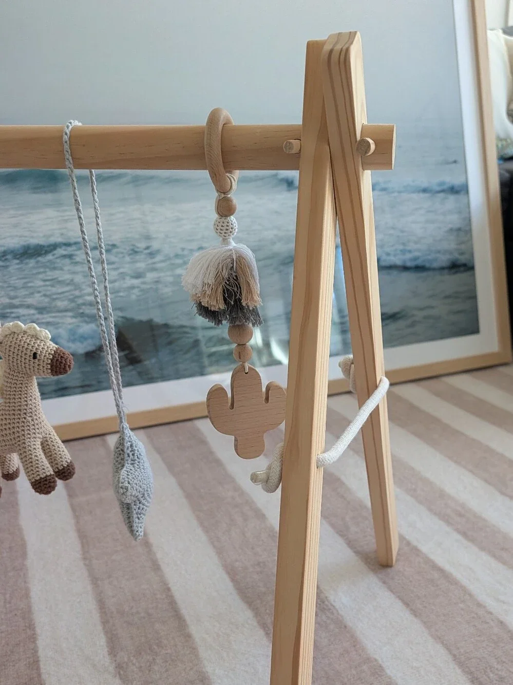 Natural Wood Baby Gym with Crochet Toys